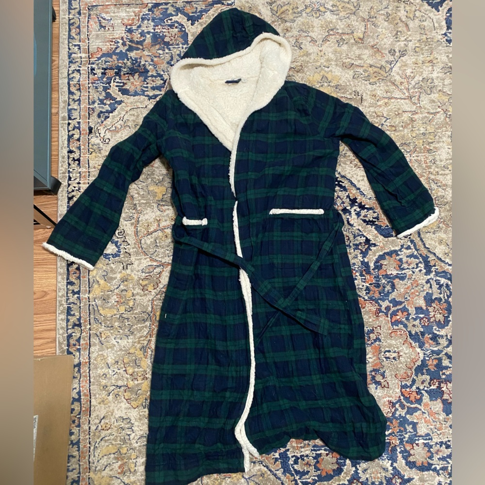 L.L. Bean Sherpa fleece long bathrobe in black watch plaid